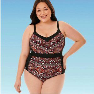 Beach Betty Slimming Black and Multicolored One Piece Swimsuit, Size 1X